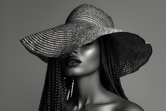 Mysterious African woman with long braids wearing a big hat and hiding her face