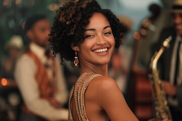 A woman in a flapper dress dancing at a 1920s themed party, with a jazz band playing in the background