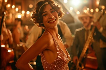 A woman in a flapper dress dancing at a 1920s themed party, with a jazz band playing in the background