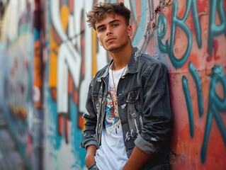 A young man in urban casual wear consisting of a bomber jacket, graphic tee, and distressed jeans,...