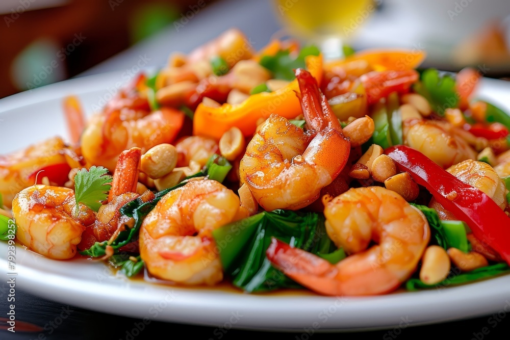 Poster Non spicy Thai food stir fried crispy shrimp with cashews and peppers served on a white plate