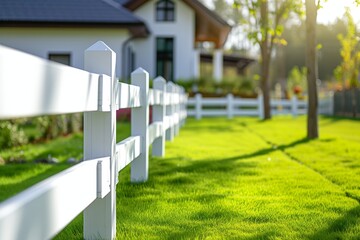 New wooden fence surrounding house green lawn street photo selective focus - obrazy, fototapety, plakaty
