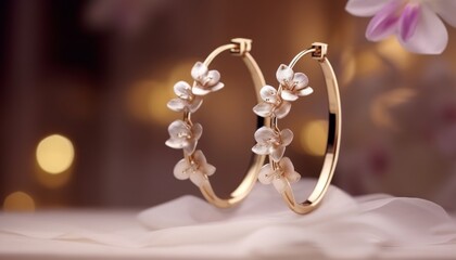 Elegant gold hoop earrings with orchid flowers on a soft, blurred background, highlighting luxury and trendiness in jewelry