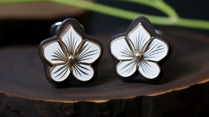 Fototapeta na wymiar Elegant cuff links adorned with soft white lily designs, presented on a dark leather surface for a sophisticated advertising look