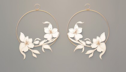 Detail shot of gold hoop earrings with intricate orchid designs, emphasizing the shine and texture against a dark background