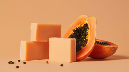 Concept photo of handmade soap with papaya. close-up. Beauty industry advertising photo.