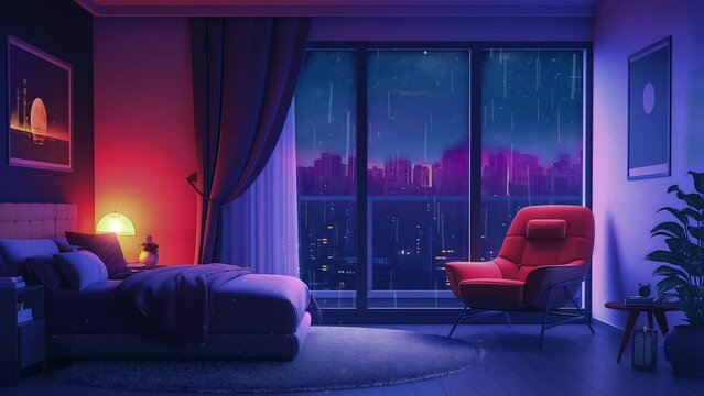 cozy bedroom with rain animated, vtuber background