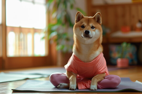 A Shiba inu doing yoga looks sad, generated by AI