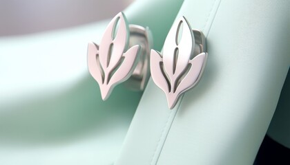 Closeup of sleek silver cuff links adorned with sophisticated lily designs, set against a tailored suit cuff for a professional look
