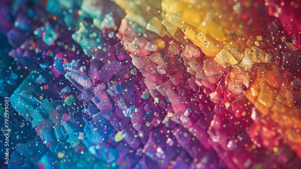 Poster a vibrant multicolored spectrum of pollen particles resembling a prismatic rainbow captured under th