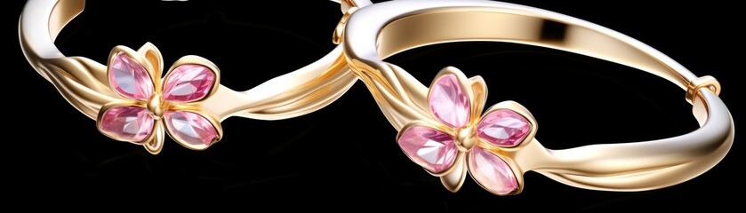 Closeup of gleaming gold hoop earrings with delicate orchid accents, perfect for fashion and jewelry promotions