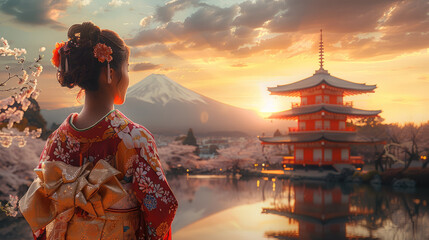 Japanese woman in traditional cloths in front of the golden temple in Kyoto, the temple is glowing in the sunset, Cherry Blossom, mount Fuji is in the background. Generative AI. - Powered by Adobe