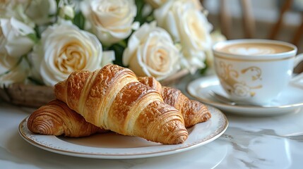 beautiful modern kitchen countertop with fresh croissants and a cup of coffee and tea sunny morning breakfast with white roses flowers behindillustration image