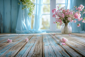 A vase of pink flowers sits on a wooden floor next to a window - obrazy, fototapety, plakaty