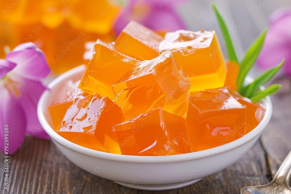 Poster orange jelly made from sweet homemade gelatin dessert with natural berries perfect for kids and adul