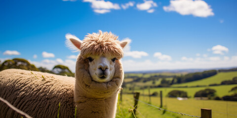 Fototapeta premium A alpaca with a fluffy white hat is standing in a field