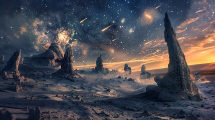 An otherworldly alien landscape with bizarre rock formations, illuminated by a meteor shower and gentle rainfall. - obrazy, fototapety, plakaty