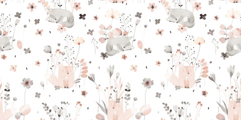 Cute animals in a flower meadow. Watercolor seamless pattern. Creative childish background for fabric, textile, nursery wallpaper. Hand drawn illustration.