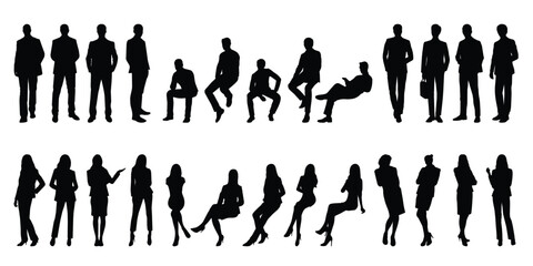 Businessman and businesswoman. Full body silhouette people on a white background. Man and woman in sitting and standing position, front view. Vector illustration.