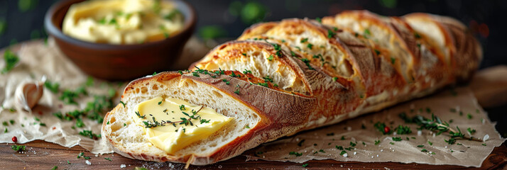 A piece of bread with butter and parsley on top - obrazy, fototapety, plakaty
