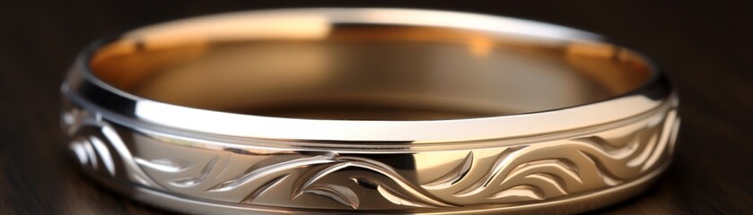 Closeup of a polished silver bangle adorned with elegant lily motifs, perfect for a refined and classy jewelry advertisement