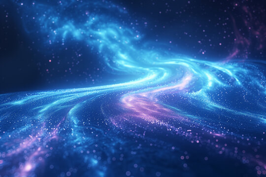 Dynamic blue and pink swirl with stars creating a path in sky and space cosmic wallpaper background