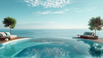 Swimming pool outdoor view looking at light blue sea, round shape swimming pool with table and seats. Generative AI.