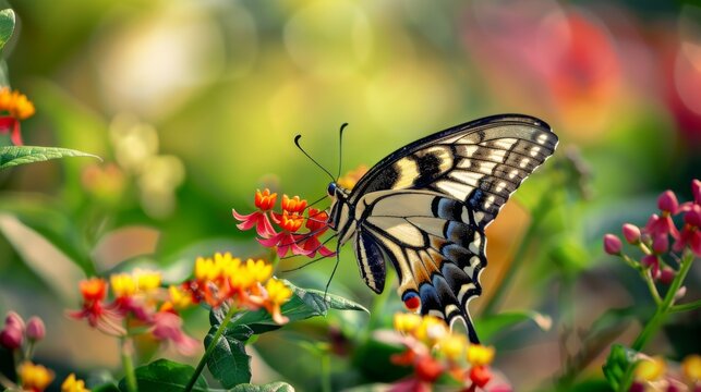 Beautiful swallowtail butterfly feeding on nectar from a colorful blossom, its slender proboscis delicately sipping sweetness.