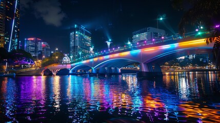 Fototapeta na wymiar Bridge festooned with vibrant LED lights, creating a mesmerizing spectacle against the backdrop of the night sky.