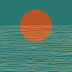 Sunset abstract vector illustration, Sun setting over the sea horizon, Hand drawn uneven parallel horizontal lines over a big orange circle on a teal color square background