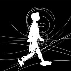 Walking teenager sketch, Human silhouette is quickly and sloppily drawn by hand with a thick brush and abstract thin lines are scribbled on the background, White on black, Vector illustration