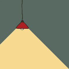 Hand drawn hanging lamp with red lampshade illuminating the darkness with a triangle of warm light, Vector illustration flat style, Copy space for text