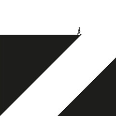 Man walking to the edge, Leap of faith concept, Step into the unknown, Hand drawn illustration, Human silhouette quickly and sloppily drawn by hand on black triangle cliff, Vector sketch