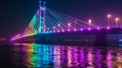 Bridge festooned with vibrant LED lights, creating a mesmerizing spectacle against the backdrop of the night sky.