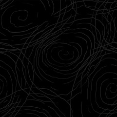 Abstract rough curves monochrome seamless pattern, Uneven lines of concentric circles hand drawn spiral dark gray on black background