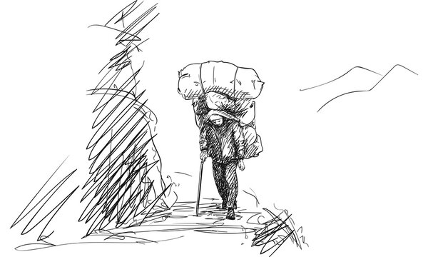 Porter in Nepal, vector sketch, carrying an extremely large load in a traditional way with a strap on his forehead, walking on mountain side trail in the Himalayas, hand drawn illustration