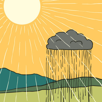 Sunny landscape with hills, mountain, one gray rain cloud, Vector illustration, Large bright sun is shining during the pouring rain, Everything will be fine concept, Hand drawn lines, Warm colors