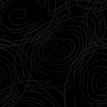 Abstract rough curves monochrome seamless pattern, Uneven lines of concentric circles hand drawn spiral dark gray on black background