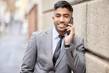 Phone call, portrait and happy businessman in city on wall for talking, conversation and agent...