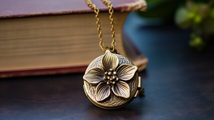 Chic and sentimental antique gold locket pendant featuring an orchid flower, styled on an antique book to enhance its vintage charm - obrazy, fototapety, plakaty