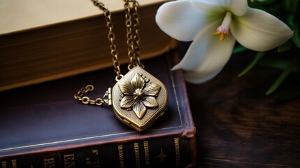 Chic and sentimental antique gold locket pendant featuring an orchid flower, styled on an antique book to enhance its vintage charm - obrazy, fototapety, plakaty