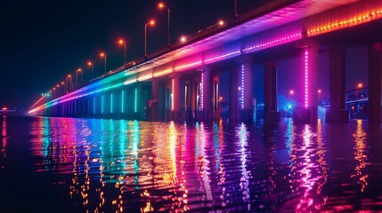 Bridge illuminated by colorful spotlights, creating a stunning visual display against the dark night sky. - obrazy, fototapety, plakaty