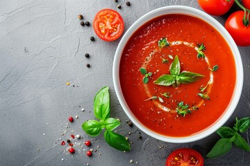 Parsley and tomatoes garnish tomato soup in a white bowl