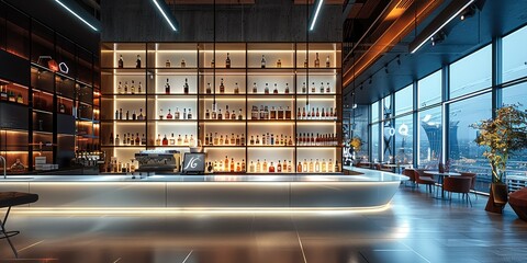 Modern and minimalist design for the bar, featuring high-end bottles on display. The space is sleek...