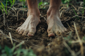 Dirty bare feet standing on soil - obrazy, fototapety, plakaty