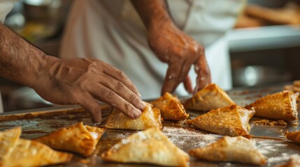 Chef handcrafting delectable samosas, their golden crusts glistening with savory filling peeking through. - obrazy, fototapety, plakaty
