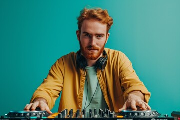 Photo of a happy ginger guy with long sleeve dj set in nightclub on teal background - obrazy, fototapety, plakaty