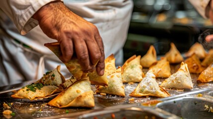 Chef handcrafting delectable samosas, their golden crusts glistening with savory filling peeking through.