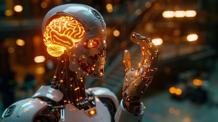 The intersection of intelligence and artificial technology: A glowing image of a robot hand touching a human brain.