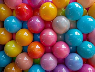 Produce a captivating image of colorful balls in a mesmerizing formation, evoking kinetic energy and artistry - perfect for a modern art exhibition promo